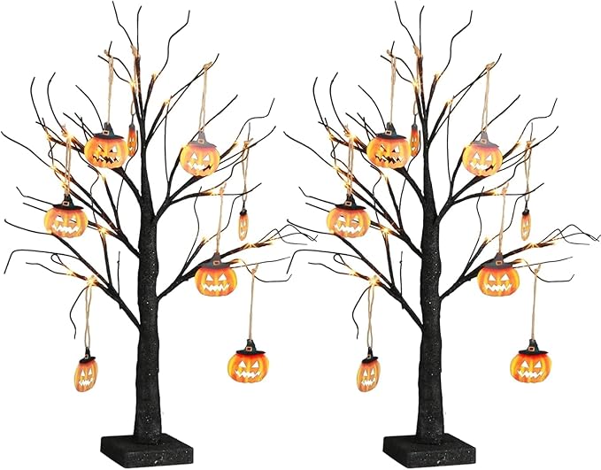 PEIDUO Set of 2 Halloween Trees, 2FT 24LED Lighted Black Glitter Tree with Timer & Pumpkin Ornaments, Battery Operated Halloween Decorations Indoor for Home Table Room Decor