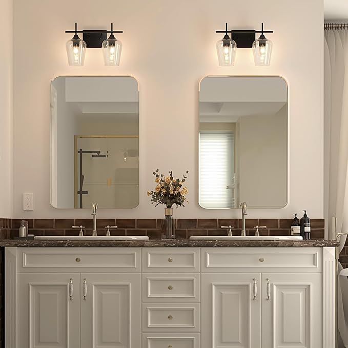 VONLUCE Bathroom Vanity Light, 2 Light Bathroom Light Fixture Over Mirror, Bathroom Wall Lamp with Clear Glass, Modern Black Vanity Lighting fixtures for Bathroom, Bedroom, Hallway
