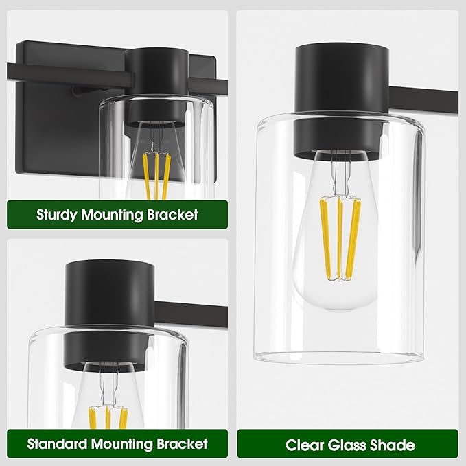 3-Light Matte Black Wall Sconces for Bathroom, Modern Vanity Light Fixtures Over Mirror, Bathroom Light Fixtures with Clear Glass Shade, E26 Wall Sconces for Living Room, Hallway