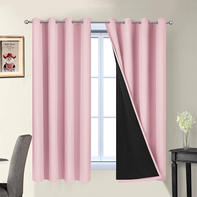 Yakamok 100% Blackout Curtains Energy Saving Thermal Insulated 2 Thick Layers Completely Blackout Drapes with Black Liner for Bedroom (52Wx63L, Pink, 2 Panels)