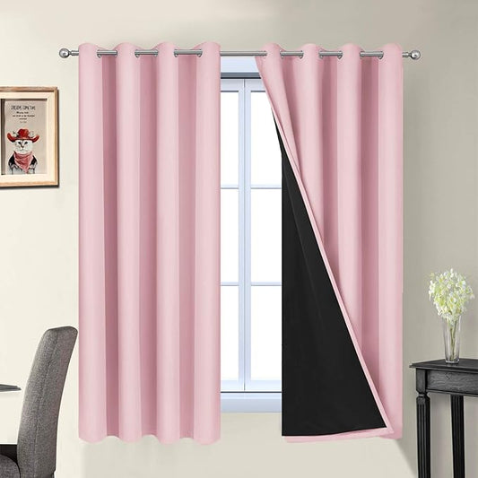 Yakamok 100% Blackout Curtains Energy Saving Thermal Insulated 2 Thick Layers Completely Blackout Drapes with Black Liner for Bedroom (52Wx63L, Pink, 2 Panels)