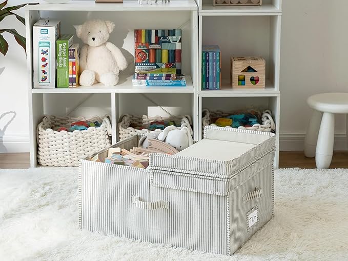 StorageWorks Extra Large Storage Bins with Lids, 55L Decorative Organizer with Divider Board, Fabric Boxes with Handles, Gray and White Stripes, 2-Pack