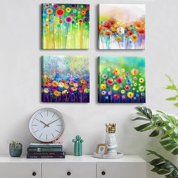 Abstract Floral Canvas Wall Art, Colorful Flowers Artwork Painting Prints Modern Watercolor Pictures Framed for Living Room Bedroom Bathroom Office Home Decor - 20"x20"x4 panel