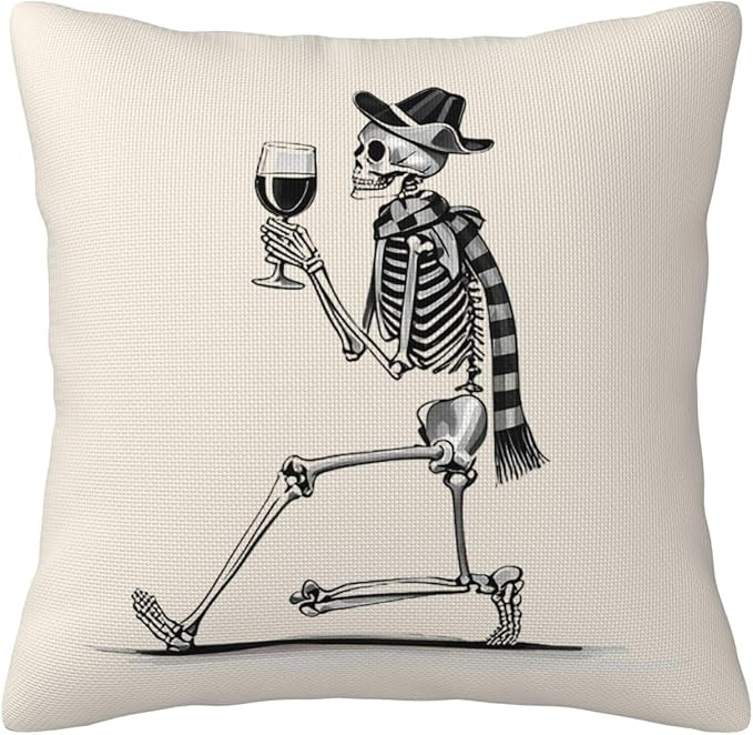 Halloween Pillow Covers 18x18 inch Set of 4, Linen Outdoor Farmhouse Skeleton Skull Spooky Black and White Decorations for Sofa Couch