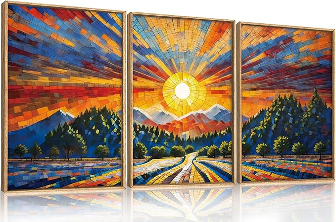 HOURIA Large Natural Mountain Forest Framed Canvas Wall Art Set,Wilderness Sunrise Wall Decor,Boho Pine Tree Square Ridge Artwork,Modern Field Art Print for Living Room, Office, Farmhouse- 24"x36"x3