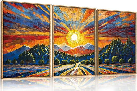 HOURIA Large Natural Mountain Forest Framed Canvas Wall Art Set,Wilderness Sunrise Wall Decor,Boho Pine Tree Square Ridge Artwork,Modern Field Art Print for Living Room, Office, Farmhouse- 24"x36"x3