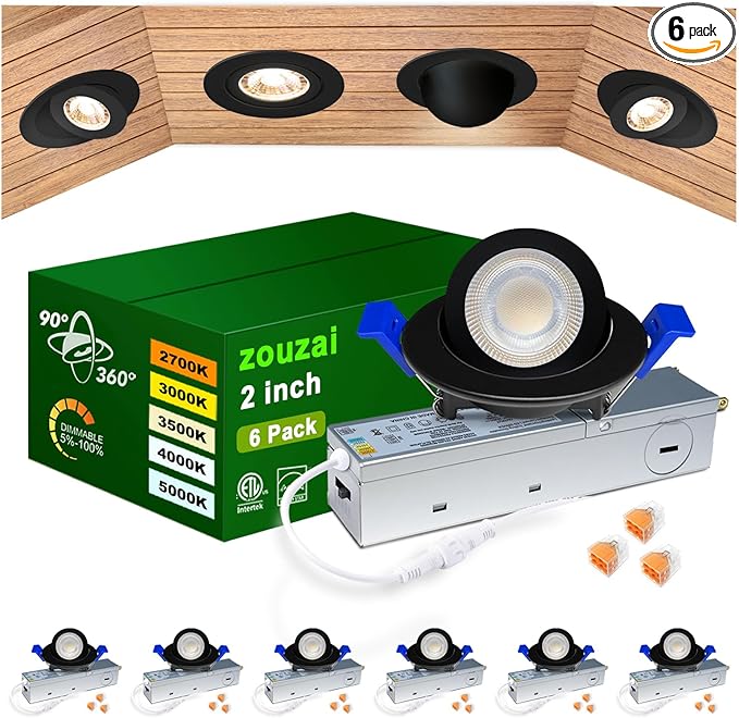 zouzai 5CCT LED Gimbal Led Recessed Light with Junction Box, 360°+90° Adjustable Directional Eyeball Lighting, Dimmable, 2700K/3000K/3500K/4000K/5000K,ETL&Energy Star (Black 6 Pack, 2 inch)