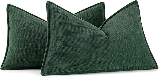 MIULEE Pack of 2 Green Decorative Lumbar Pillow Covers 12x20 Inch Soft Chenille Luxurious Couch Throw Pillows Farmhouse Cushion Covers with Elegant Design for Sofa Bedroom Living Room Home Decor