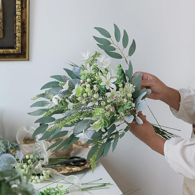 FOTEEWL 70 Pcs Artificial Greenery Stems Box Set,with 8 Kinds of Faux Plants and Fake Flowers for DIY Bridal Bouquets Wedding Floral Arrangement Table Centerpieces Decoration (Sage Green & White)