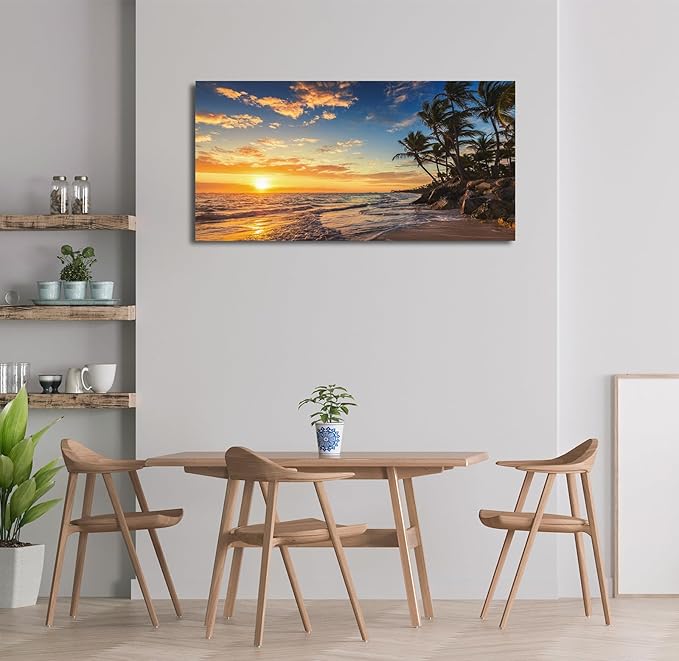 Sunset Beach Canvas Wall Art - Tropical Island Beach Pictures Natural Beauty Scene Wall Decor Coastal Ocean Waves Painting Coconut Trees Canvas Print Artwork Home Office Decoration 20" x 40"