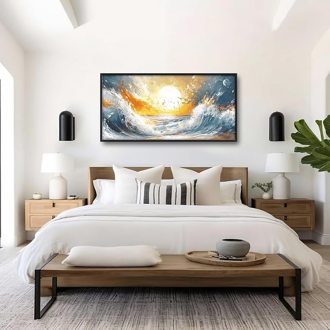 Trulave Ocean Sea Framed Wall Art for Living Room, Large Waves Canvas Wall Decor, Vintage Beach Sunset Pictures, Modern Artwork for Living Room Bedroom 60L'' × 30W''