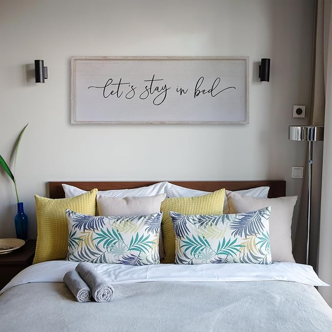 Surfapans Lets Stay In Bed Wall Decor 40”X15” Large Farmhouse Master Room Above Bed Soild Wood Framed Rustic Guest Room Sign Beautiful And Simple Plaque Over Bed Hanging Wall Art Decoration (White)