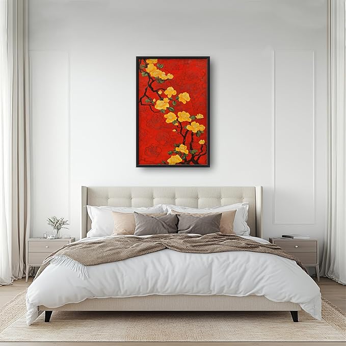Lovira Yellow Plum Bossom Large Wall Art Traditional Asian Floral Red Canvas Wall Decor Pictures Prints Painting Framed Home Vertical Artwork for Living Room Bedroom Bathroom Kitchen 24"x36"