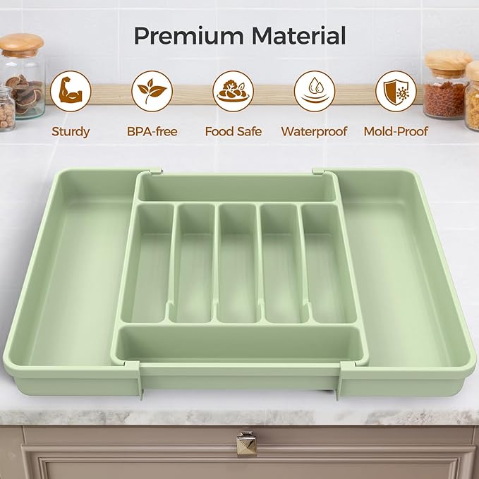 Extra Large Expandable Silverware Organizer, BPA-Free Food-Safe Cutlery Flatware Organizer, Kitchen Utensil Drawer Organizer, Adjustable Silverware Holder for Spoons Forks Knives, Green