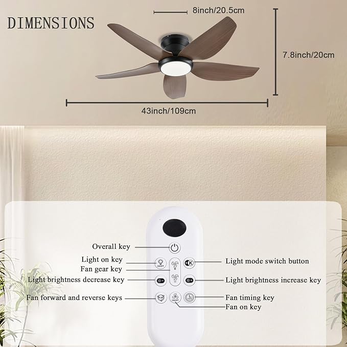 Ceiling Fans with Lights, 43 Inch Low Profile Ceiling Fan with Light and Remote/App Control, Flush Mount, Reversible DC Motor, 3CCT, Dimmable, Noiseless, Brown Ceiling Fan for Indoor/Outdoor Use