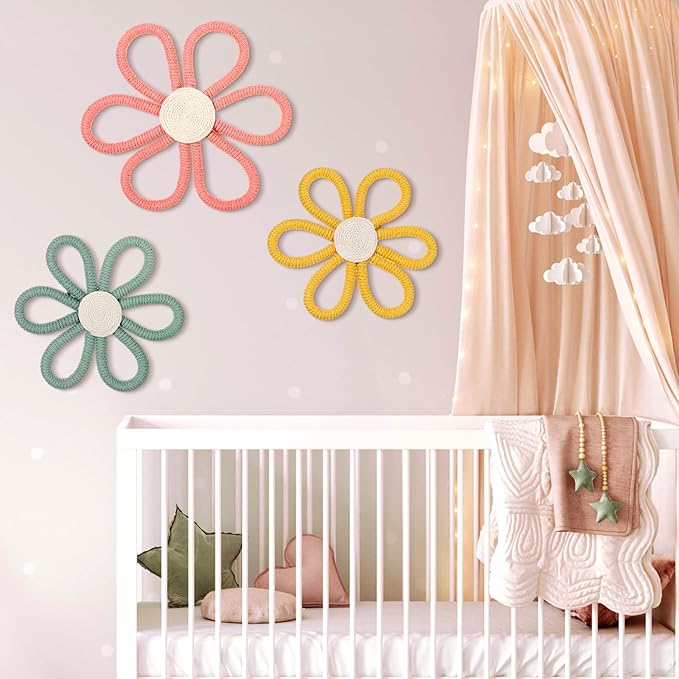 Barydat 6 Pcs Boho Nursery Decor Daisy Flower Woven Macrame Wall Hanging 3 Size Daisy Flower Wall Decor Bohemian Nursery Decorations for Home Dorm Art(Multicolor)