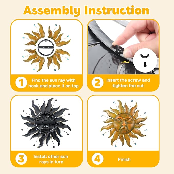 Sun Metal Wall Art, 3D Sun Face Large Wall Art for Living Room, Retro Gold Wall Hanging Decor, Brass Wall Sculptures with Blue Bead, 27 Inches Wall Decor for Garden Yard Patio Home