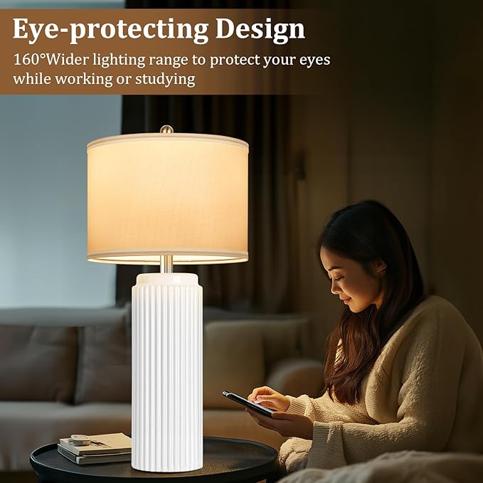 TOBUSA 28’’ Modern White Ceramic Lamps Set of 2 for Living Room, Vintage Nightstand Lamps for Bedroom, Farmhouse Bedside Lamps with Linen Shade, Elegant Decor Lamp Sets for Home Office