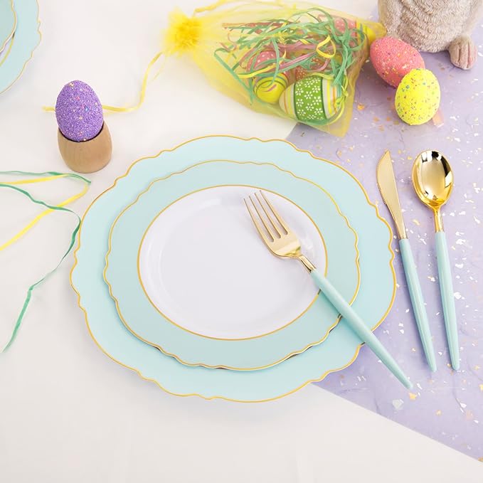 WDF 30Guest Mint Green Plastic Plates & Disposable Gold Silverware With Green Handle-Baroque Green &Gold Plastic Dinnerware for Upscale Party/Picnic/Birthday