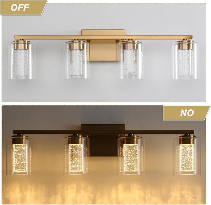 4-Light Gold Bathroom Vanity Light Fixture, Dimmable 5CCT Brushed Brass Bathroom Lights, 2700K-6500K Modern LED Wall Sconce Over Mirror with Clear Glass and Crystal Bubble