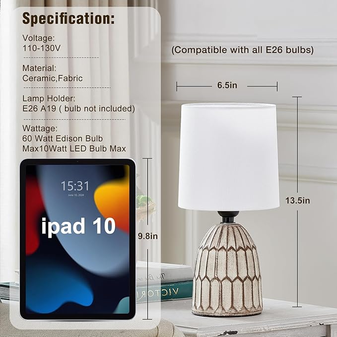 Table Lamps Set of 2-13.5" Small Boho Lamp - Bedside Lamps - Farmhouse Rustic Ceramic Table Lamp for Bedroom, Living Room, Nightstand, Office, Side Desk Lamp, End Table Lamp