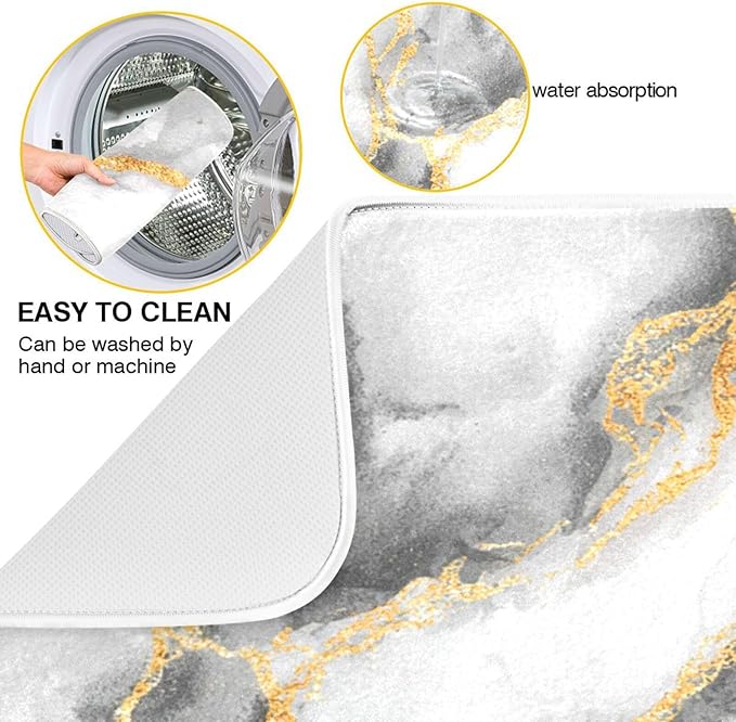 White Marble Dish Drying Mat for Kitchen Counter 18 x 24 Inch Gold Marbling Granite Absorbent Microfiber Dry Dishes Mats Drainer Mat Dish Drying Pad for Countertops