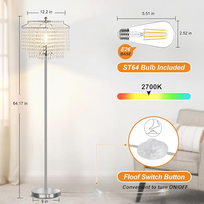 Luvkczc Crystal Floor Lamp, 64" Tall Modern Standing Lamps with Double-Layer Lampshade, On-Off Foot Switch, Silver Finish Pole Lamp for Living Room, Bedroom, Office, 8W Bulb Included