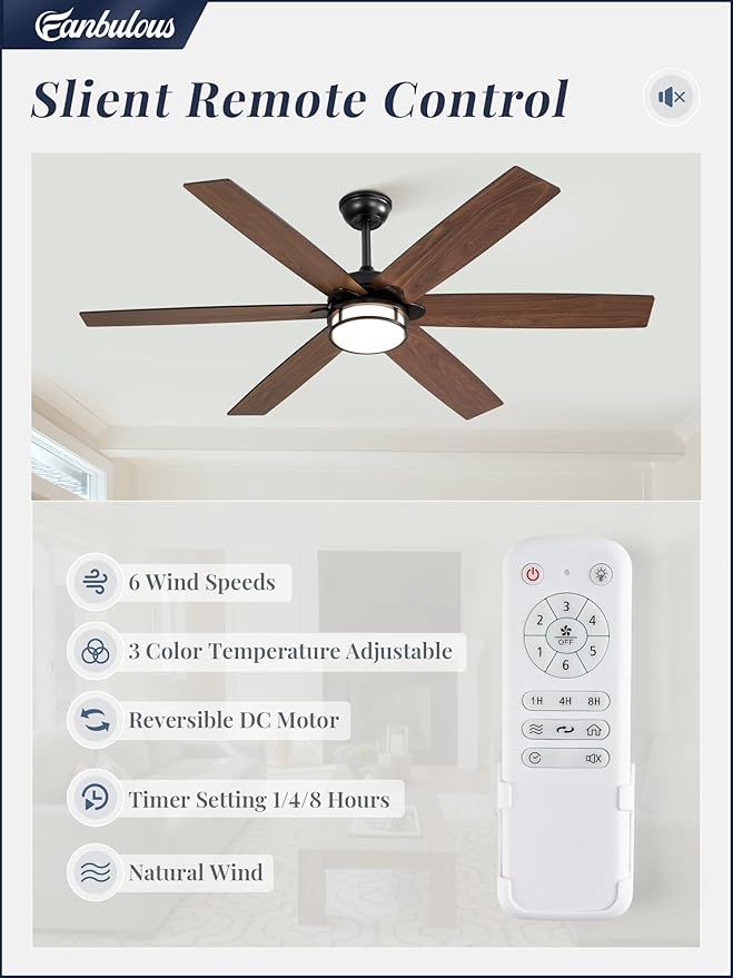 60 Inch Ceiling Fans with Lights, Farmhouse Large Ceiling Fans with Remote, Black&Brown Modern Ceiling Fan with LED Light, Quiet DC Motor for Living Room, Bedroom, Kitchen, Indoor