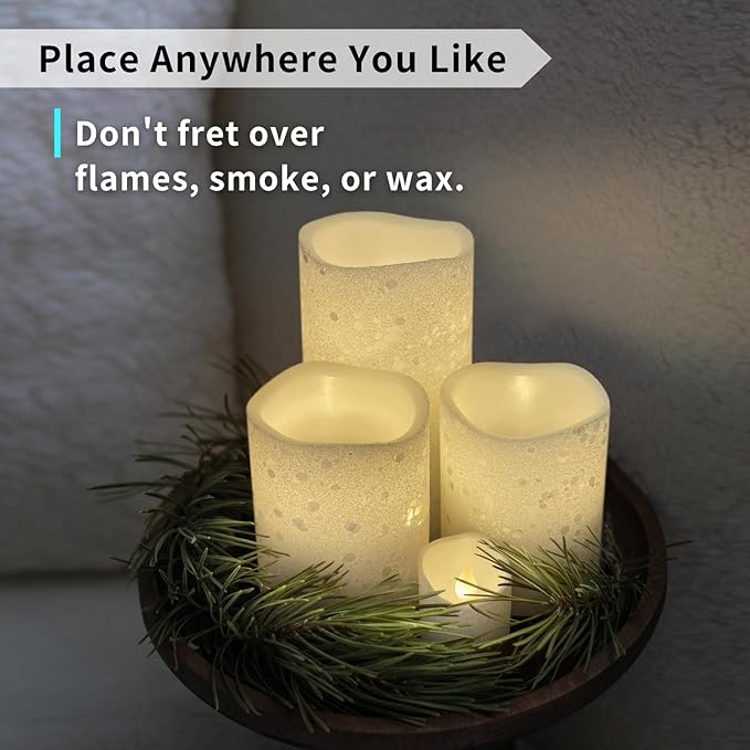 FURORA LIGHTING White Glitter Real Wax Flameless LED Candles with Remote & Timer (2/4/6/8 H), Battery Operated for Safety and Elegance, Pack of 8