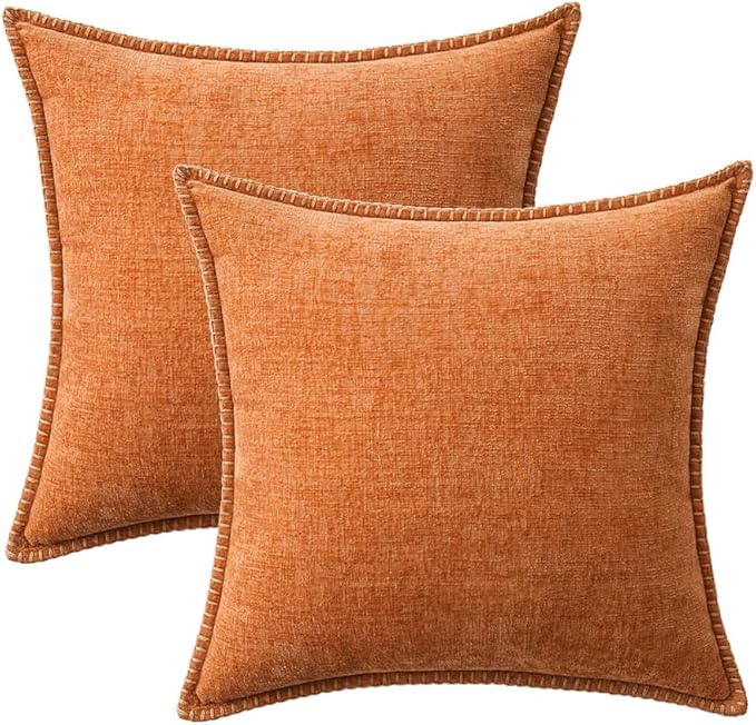 MIULEE Pack of 2 Fall Couch Throw Pillow Covers 18x18 Inch Orange Farmhouse Decorative Pillow Covers with Stitched Edge Soft Chenille Solid Dyed Pillow Covers for Sofa Bed Living Room