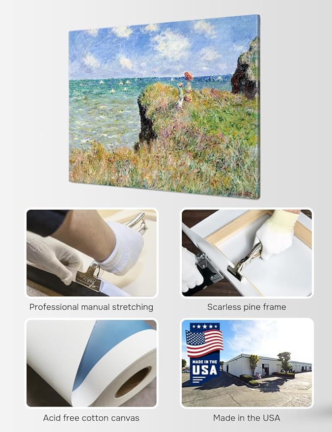 DECORARTS - The Cliff Walk at Pourville by Claude Monet, Museum-Quality Giclee Canvas Print, Wall Art Reproduction, 40" W x 30" H, Made in USA