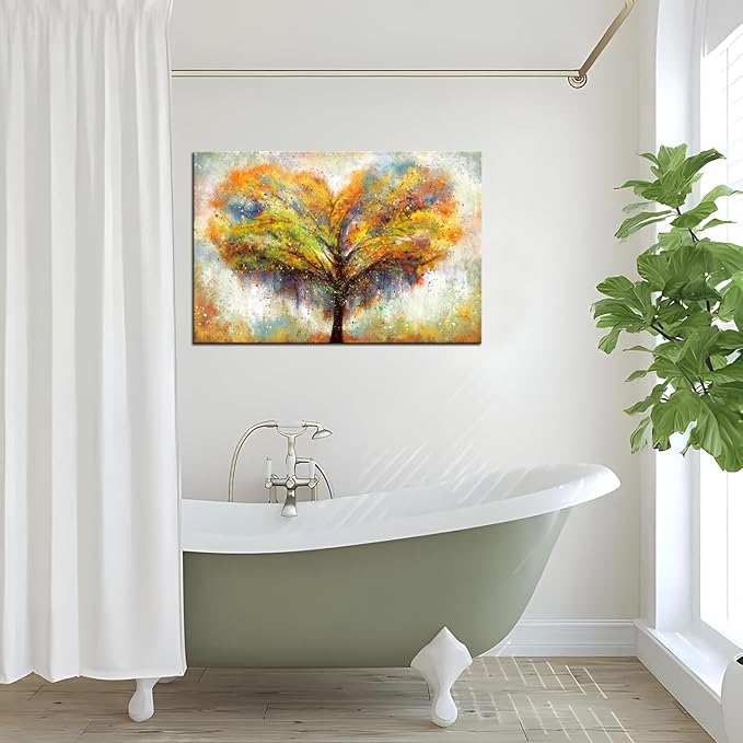 Biuteawal Tree Wall Art Love Heart-Shaped Tree Picture Orange Painting Prints Country Artwork Contemporary Home Farmhouse Living Room Bedroom Decoration Framed Ready to Hang