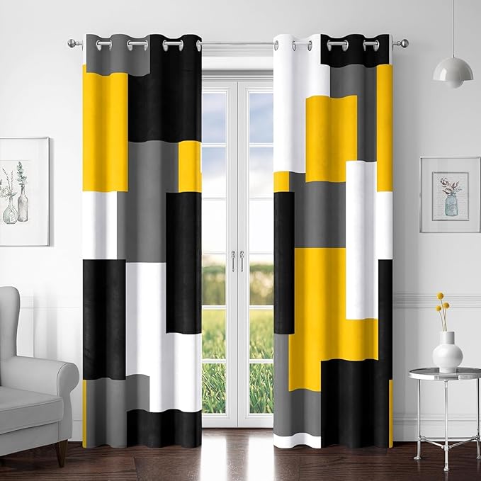 Yellow 100% Blackout Curtains for Bedroom 63 inch Length 2 Panels Set Mustard Yellow Grey Modern Abstract Geometric Black Out Curtains Room Darkening Window Drapes for Living Room, 52Wx63L