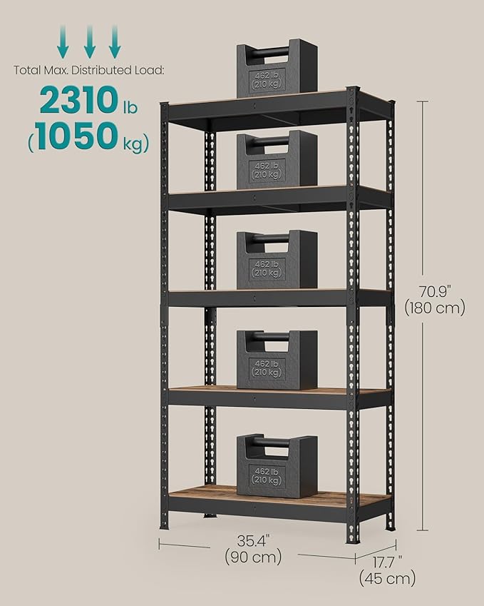 SONGMICS 5-Tier Storage Shelves, Load 2310 lb, Garage Storage, Boltless Assembly, Adjustable Shelving Unit, 17.7 x 35.4 x 70.9 Inches, for Study Shed Basement, Black and Rustic Brown UGLR450B11