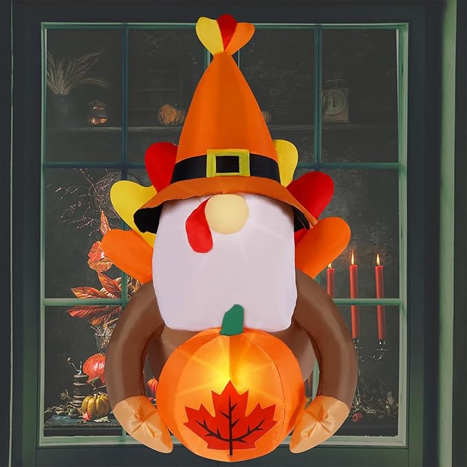 Juegoal Fall Decor Window Inflatable Gnome, 3.5FT Light Up Thanksgiving Gnome with Turkey Wings Holds Pumpkin, Animated Autumn Harvest Front Door Roof Prop, Outdoor Indoor Holiday Party Blow up Decor