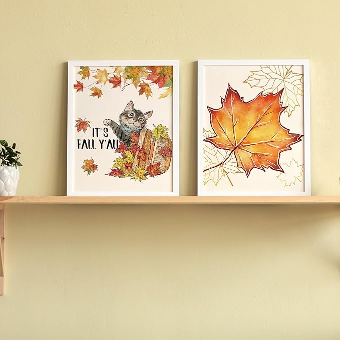 JXREQ Fall Decor Cat Decor Pumpkin Wall Art Prints, Cute Cat Maple Leaves Happy Fall Yall Posters, Rustic Fall Art Prints for Harvest Thanksgiving Kitchen Bedroom Living Room, 8x10 Inch 4Pcs Unframed