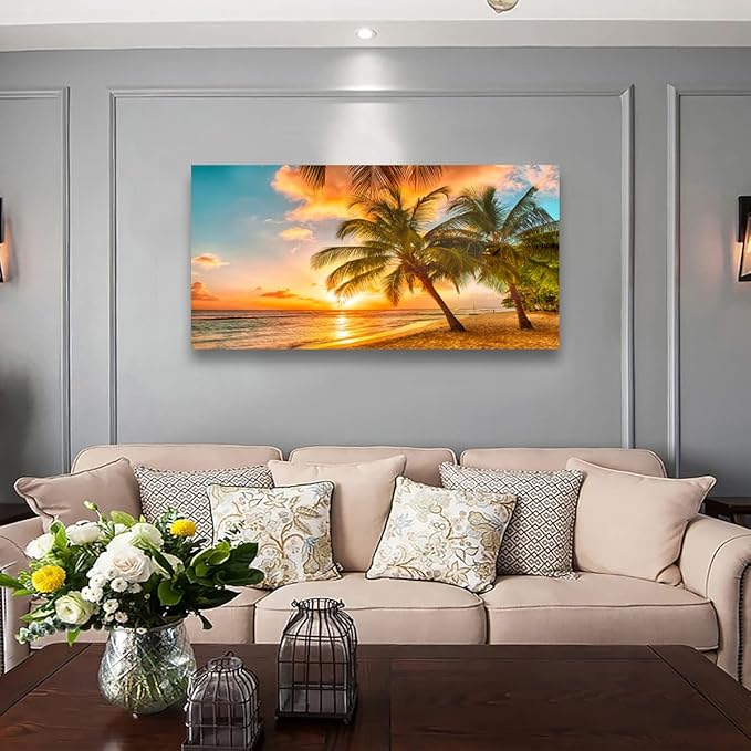 Beach Themed Wall Art Canvas Prints Seascape Picture Bathroom Décor Ocean Tree Sunset Paintings for Living Room Bedroom Office Home Kitchen Decorations Natural Landscape Artwork 20x40 Inches