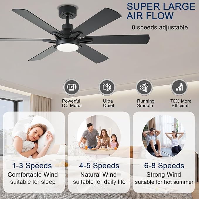 52in Ceiling Fans with Lights RGB Ceiling Fan with Light and Remote/APP Control,Low Profile Ceiling Fans with Lights for Bedroom,Living Room,Kids Room,3CCT Dimmable Modern Ceiling Fan, 8 Speeds,Black