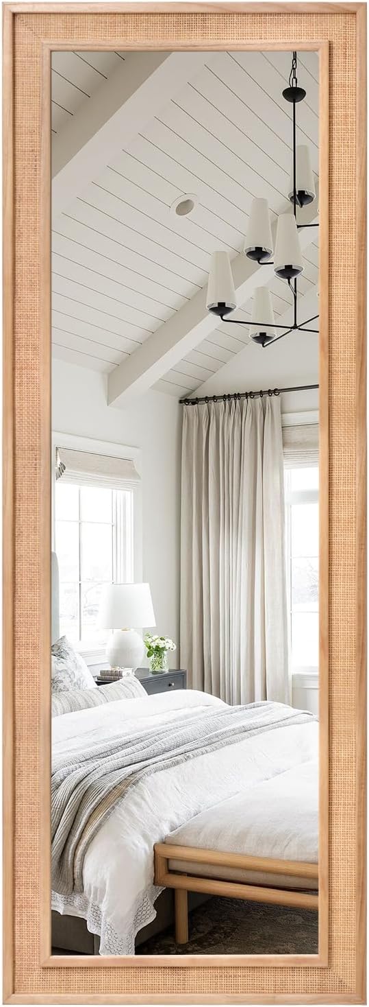 Rattan Full Length Mirror 18"x48" Long Mirror Wood Framed Large Hanging Wall Mounted Mirror Full Body Mirror Decorative Rectangle Floor Mirror Leaning Against Wall for Bedroom Living Room