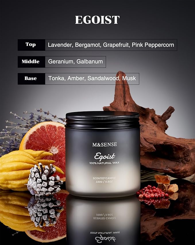 M&SENSE Lavender Sandalwood Scented Men Candles, 2 Wick 11.6oz Large Natural Soy Candle for Men 70 Hours Long Lasting Burn, Organic Black Masculine Candles Home Fragrance Holiday Candlde for Him