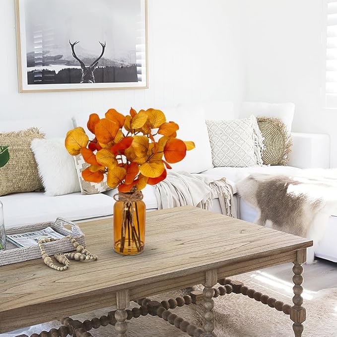 Briful Artificial Eucalyptus Stems in Amber Glass Vase with Faux Water, 14" Fake Fall Plant Autumn Leaves for Home Farmhouse Wedding Centerpiece Bathroom Décor