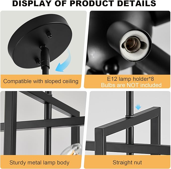 Small Modern Lantern Chandeliers, Geometric Black Pendant Lighting, 8-Light Industrial Hanging Chandelier Light Fixture for Dining Room, Kitchen, Bedroom, Foyer, Entryway, Farmhouse UL Listed