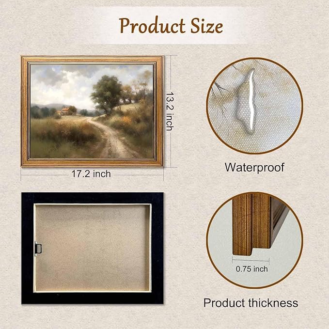 Framed Vintage Wall Art Classical Oil Painting Country Road Canvas Print Kitchen Living Room Farmhouse Wall Decor (Rural Trail, 16L x 12W)