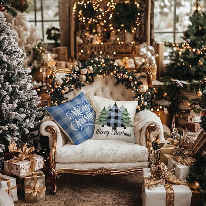 GEEORY Merry Christmas Throw Pillow Covers 16x16 Inch Set of 4, Xmas Trees Truck Blue Buffalo Plaid Believe Farmhouse Decorative Cushion Cases for Home Decoration G594-16