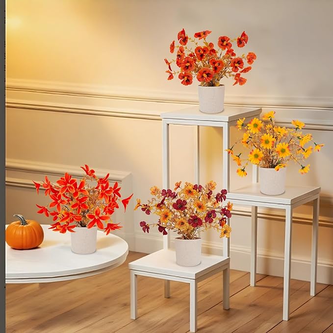 Fake Potted Plants 4pcs, Artificial Fall Flowers with Vase, Autumn Harvest Decoration for Home Indoor Outdoor, Table Plants Farmhouse Decor for Kitchen, Bedroom, Living Room, Bathroom