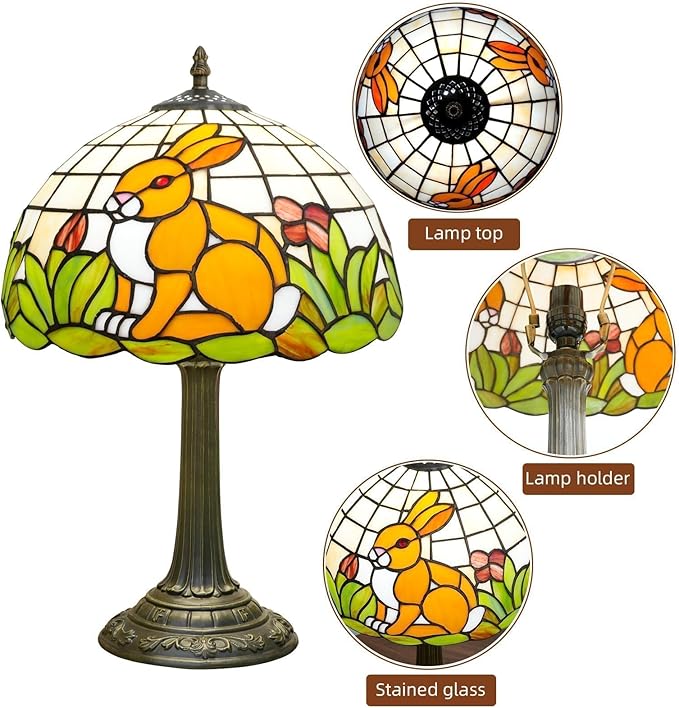 Uniquel Cute Brown Rabbit Tiffany Lamp Retro Style Stained Glass Table Lamp Vintage Aesthetic Bedside Lamps for Bedroom Nightstand Night Stand Lighting Reading Unusual Kids Decor Desk Lamp 12 Inch