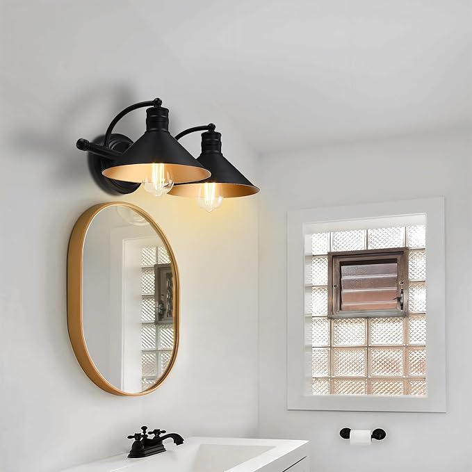 2 Light Bathroom Vanity Light Over Mirror - Black and Gold Farmhouse Wall Light for Bathroom Vanity Powder Room, Rustic Gooseneck Barn Style 2 Bulb Wall Sconce Over Kitchen Sink