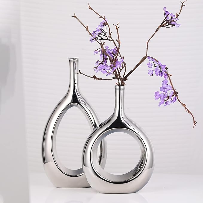 Glossy Silver Vase Ceramic Silver Vases Home Decor,Modern Minimalist Circle with Hole Decorative Vase, Hollow Ellipse Flower vases for Bookshelf, Fireplace Mantle, Centerpieces,Farmhouse,Rustic Décor