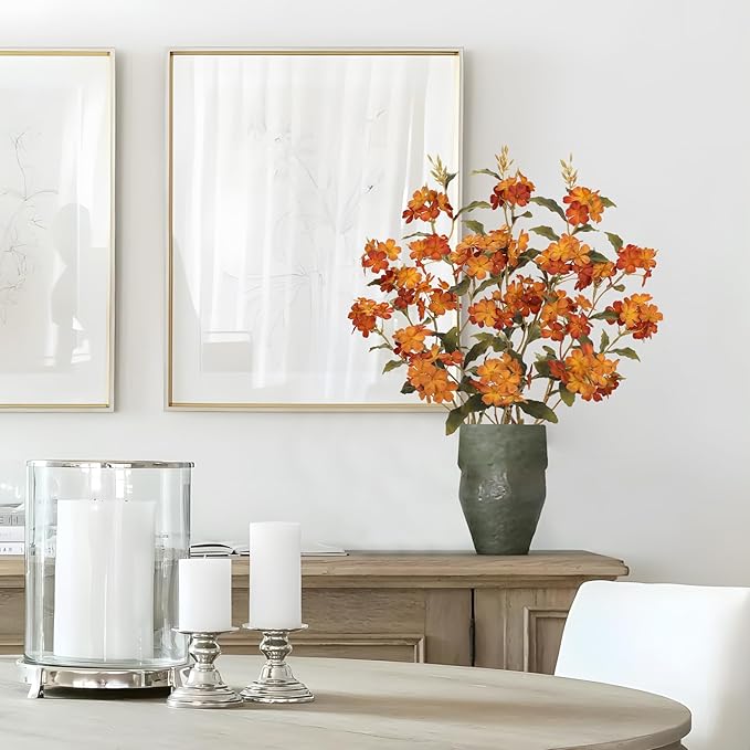 Briful Fall Artificial Hydrangea Flower Stems, 33.5" Silk Blossom Sprays with Bendable Stems, Set of 3 Faux Floral Branches for Tall Vase Arrangements, Orange