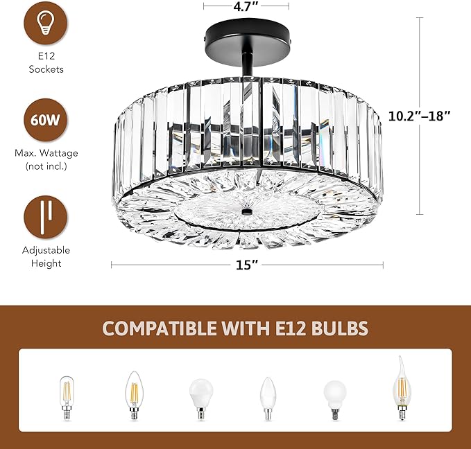 VONLUCE Crystal Ceiling Light Fixture, Modern Semi Flush Mount Ceiling Light, 15" Round 4-Light Crystal Chandelier Hallway Lighting for Kitchen Bedroom Living Room Dining Room Entryway Closet, Black